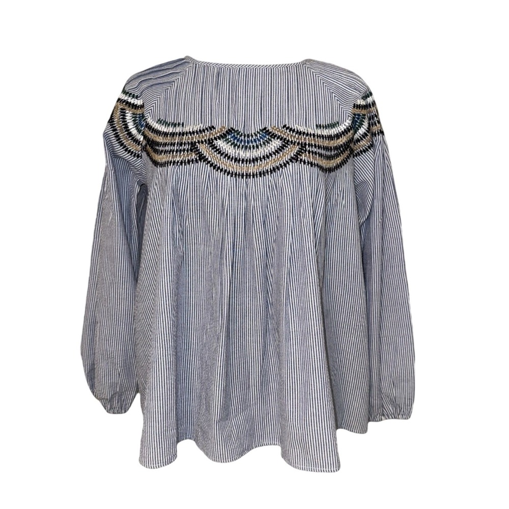 Eva Franco x Anthropologie Striped Embroidered Blouse Long‎ Sleeve Bohemian Top - Picture 3 of 6
